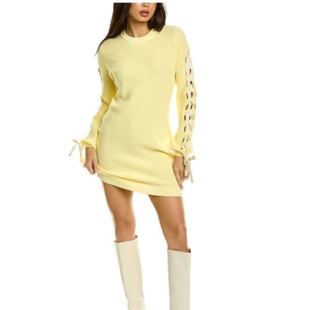 Bebe Thermal Waffle Knit Lace Up Sleeve Sweater Dress Yellow